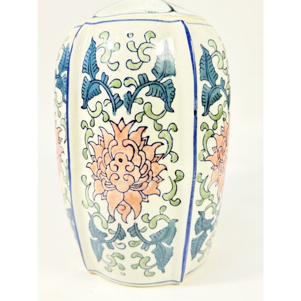Ginger Temple Jar Lidded Vintage Chinoiserie Blue White Pink Rose pattern Home S - Picture 6 of 16